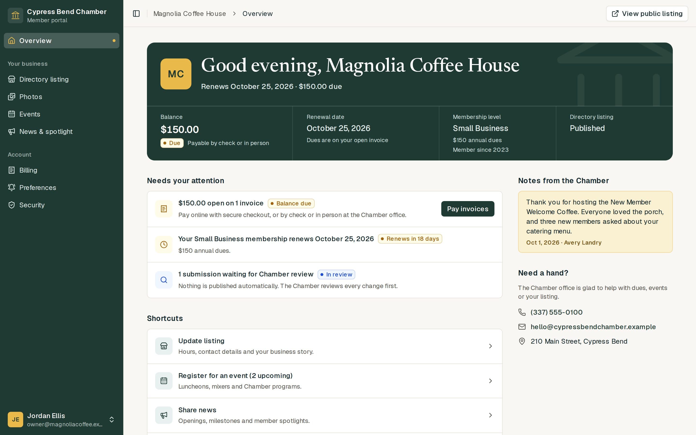 The member portal greeting Magnolia Coffee House with its $150 balance, renewal date, membership level and published directory listing. Under Needs your attention: one open invoice with a Pay invoices button, the renewal coming up and a submission waiting for the chamber’s review. Notes from the chamber and shortcuts to update the listing, register for an event or share news sit below.