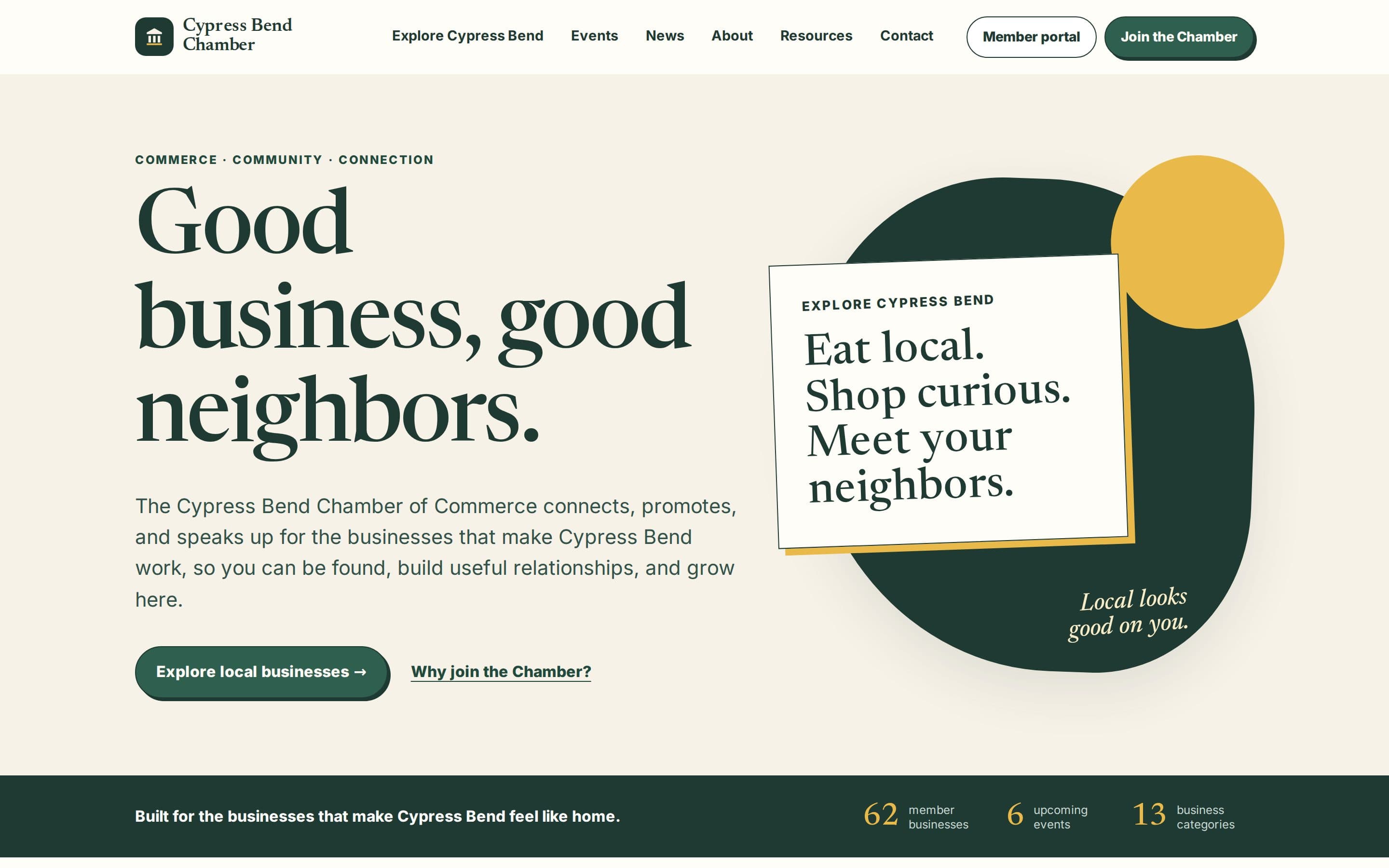The demo chamber’s home page, headed “Good business, good neighbors.”, with buttons to explore local businesses and to join, in the chamber’s own deep green, cream and gold.